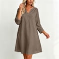 thumbnail image 5 of Bosfbaoi Linen Dresses for Women V Notch Neck 3/4 Roll Sleeve Loose A‑Line Short Dress with Side Pockets, 5 of 7