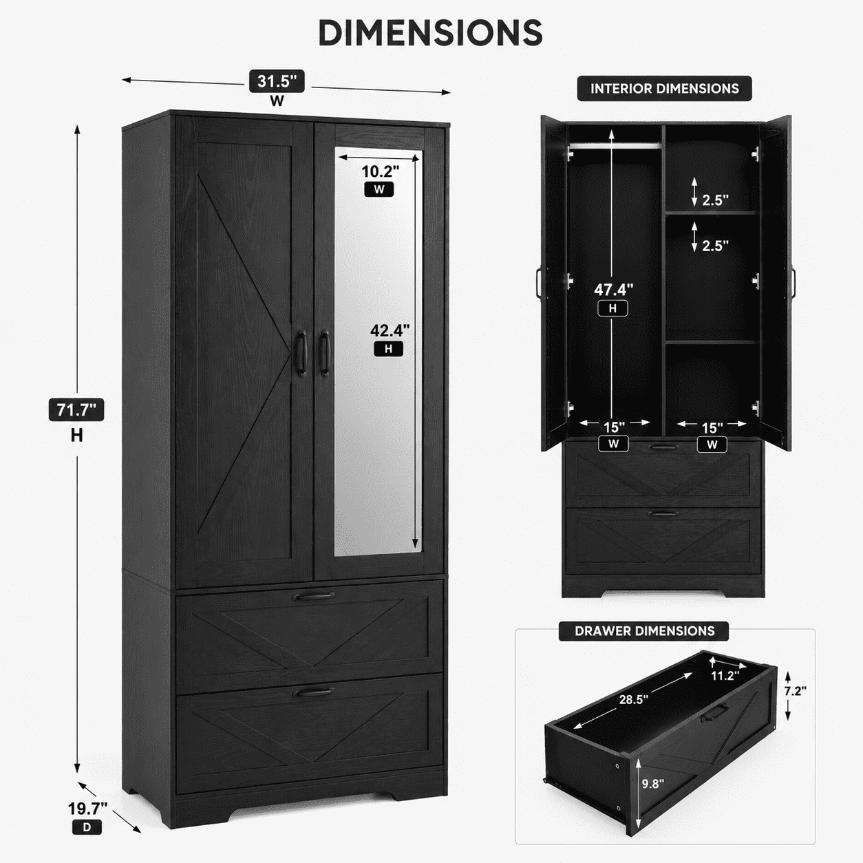 Aukfa 2-Door Wardrobe Armoire with Mirror & Built-In Induction Light, Bedroom Wood Closet with Hanging Rod & 2 Drawers,Black