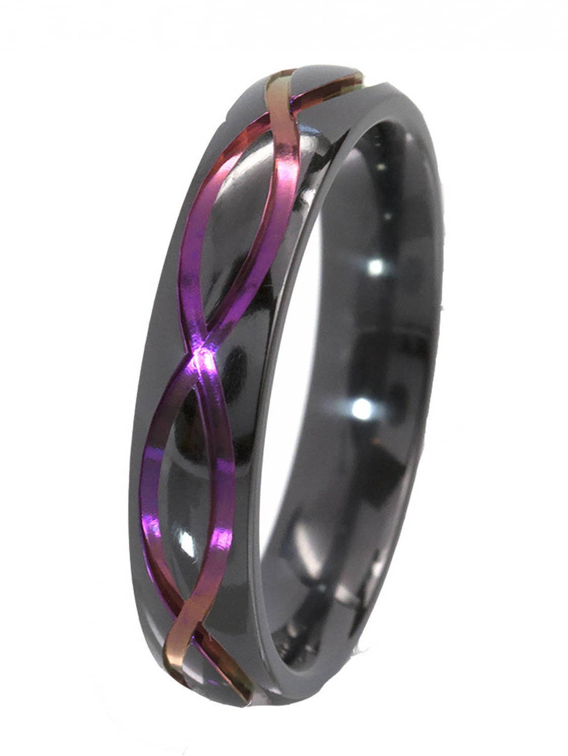 5mm Half-Round Black Zirconium Ring with the Infinity Symbol Anodized in Purple