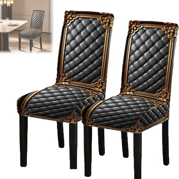 Washable Stretch Chair Cover,Baroque Dining Chair Covers Set,Dining Room Chair Slipcovers,Spandex Seat Covers Protector for Kitchen,Stretch Fit,Royal Gold Pattern(2pc)