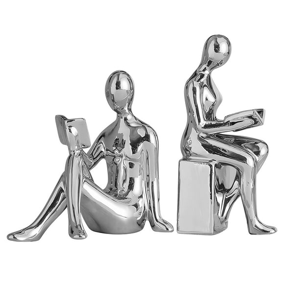 Decorative Reading Figure Bookends Set of 2, Silver Ceramic Book Ends for Home, Office & Shelves, Creative Shelf Decorations, Perfect Gift for Book Lovers