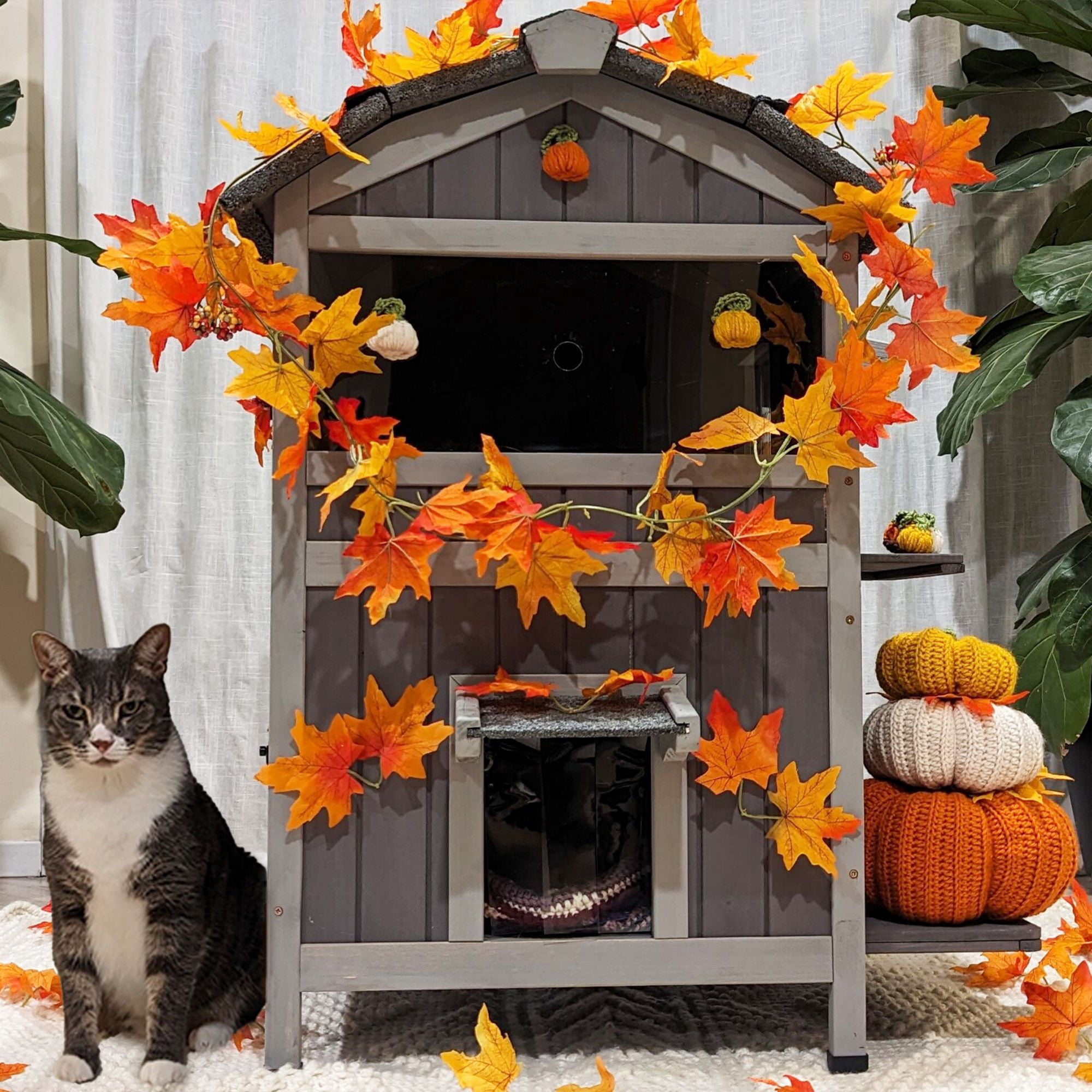 Aivituvin Outdoor Cat House Weatherproof, Feral Cat Shelter for Winter 2 Story Cat Condos Escape Doors with Balcony