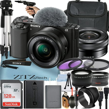 Sony Alpha ZV-E10 Mirrorless Vlog Camera with 16-50mm Lens + 128GB Memory Card + Filter Kit + Tripod + Case + ZeeTech Accessory Bundle (Black)