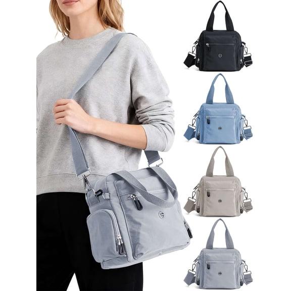 Gustave Small Tote Crossbody Bags for Women Nylon Multi-Pocket Shoulder Handbag Top Handle Satchels Purse Lightweight Messenger Bags with Zipper for Travel Work, Gray
