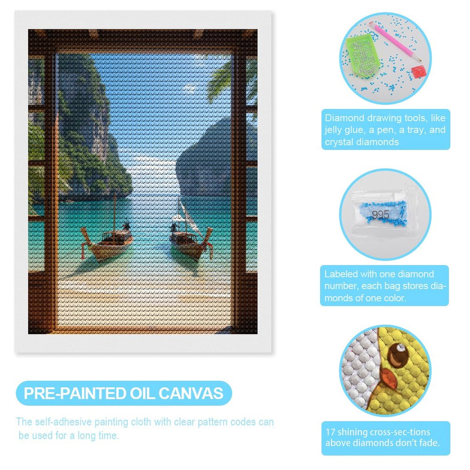 Diamond Art Kits for Adults, Tropical Paradise Boats Ocean View 5D Diamond Painting Kits for Adults Beginners, DIY Full Drill Diamond Painting, Gem Art and Crafts 12x16