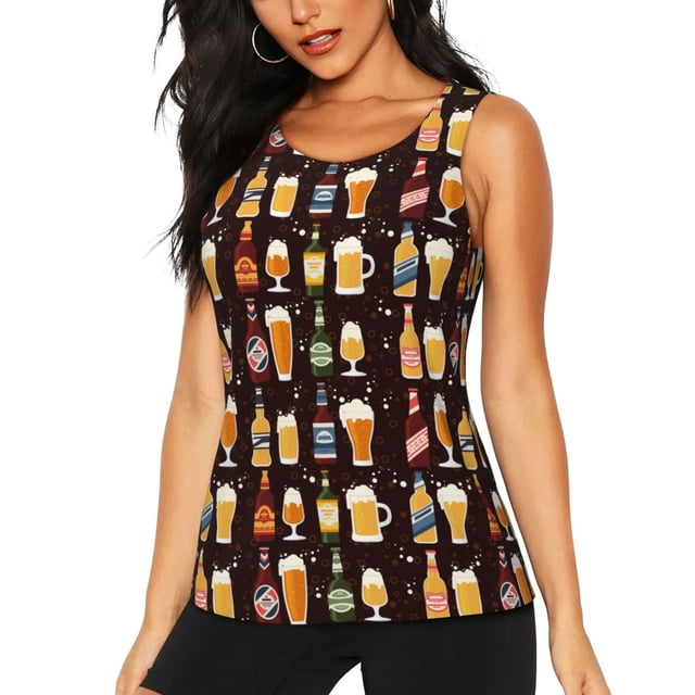 Fotbe Beer Bottles1 Blusas Sin Mangas para Mujer – Estilo Casual, Corte Suelto, Slim-Fit, Cuello Redondo Deportivo, Tops de Verano para Gimnasio y Yoga-Large
