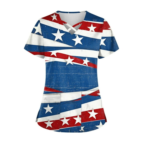 Mother'S Day Scrub Top, For Women Tops 4Th Of July Cutout V Neck Short Sleeve Workwear With Pockets Red White And Royal Blue American Flag Top Scrubs Outfits Shirts Tops (L, Blue) ZMTing