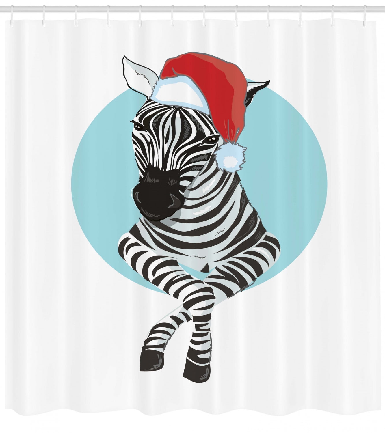 Christmas Shower Curtain, Funny Zebra with Santa Hat Modern Design Xmas