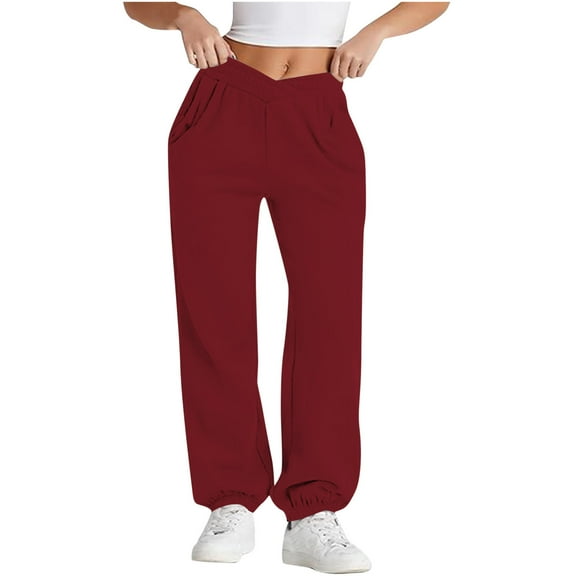 ABATAB Sweatpants for Women V-Crossover Baggy Yoga Tapered Trousers Elastic Waisted Athletic Joggers Pants with Pockets