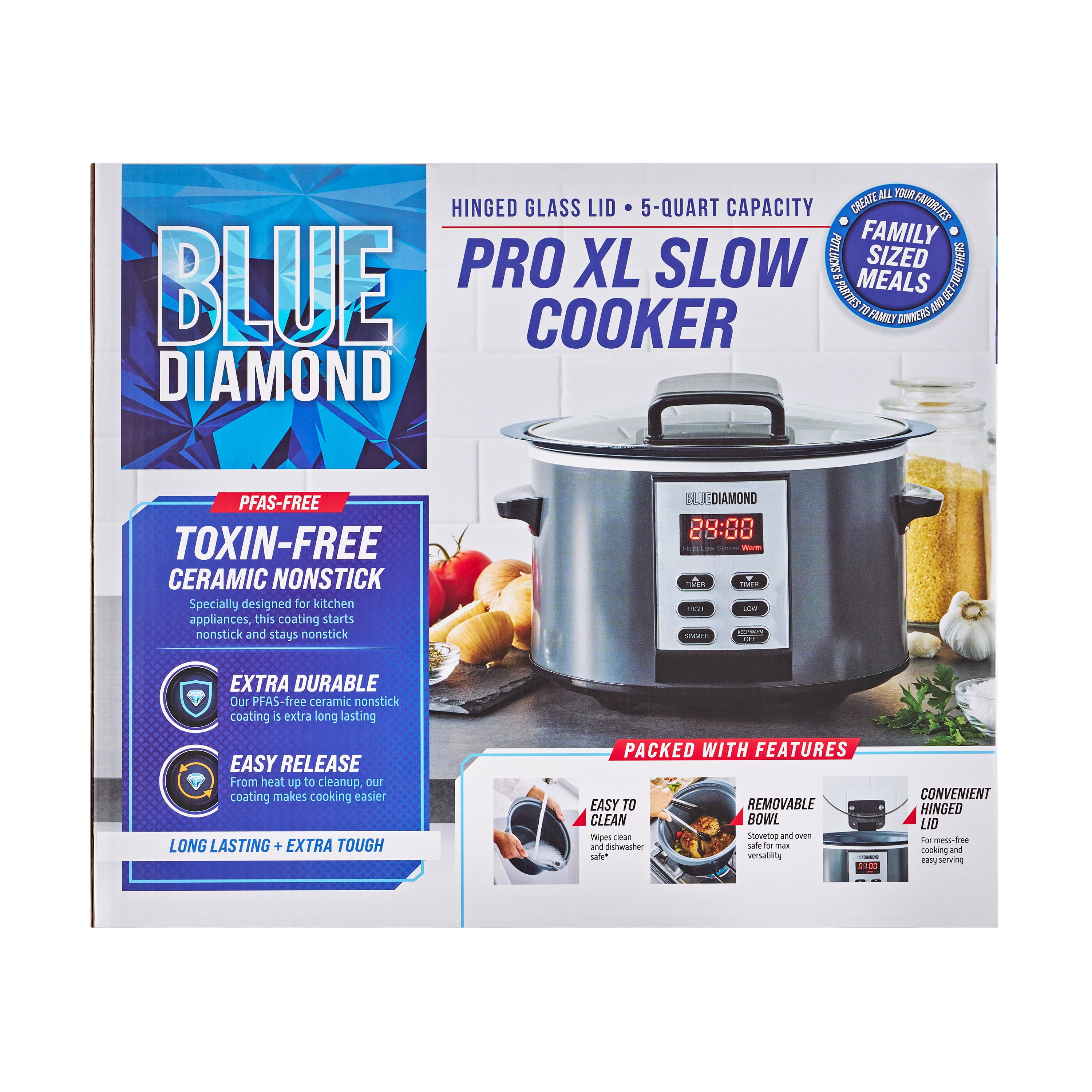 Blue Diamond 5 Quart Ceramic Nonstick Slow Cooker with Hinged Lid, Graphite