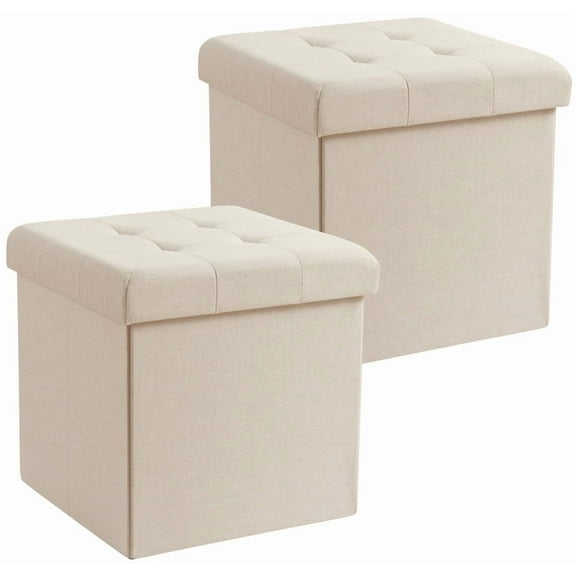 Ornavo Home 2 Pack 15 Inch Folding Storage Ottoman with Storage, Square Cube Linen Small Storage Ottoman Foot Rest Stool - Beige
