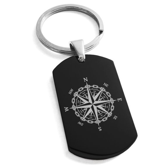 Stainless Steel Nautical Chaim Compass Engraved Dog Tag Keychain Keyring