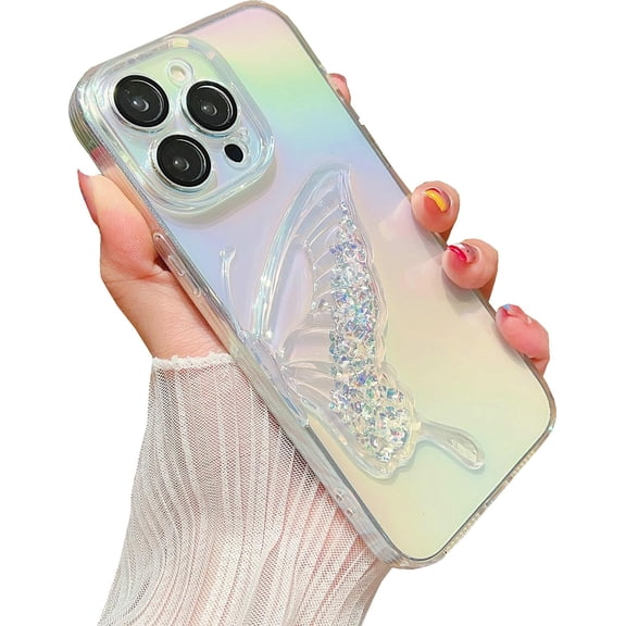 iPhone 14 Pro Max Butterfly Case, Flexible Cute 3D Butterfly Gradient Quicksand Soft Silicone Glitter Clear Women Girls Shockproof Protect Cover Case for iPhone 14 Pro Max