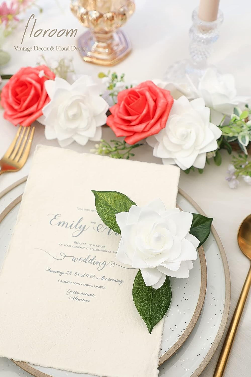 Artificial Gardenia Flowers 2.7" 25pcs Real Looking Ivory Foam Fake Flowers with Stems for DIY Wedding Bouquets Bridal Shower Centerpieces Floral Arrangements Party Tables Home Decorations