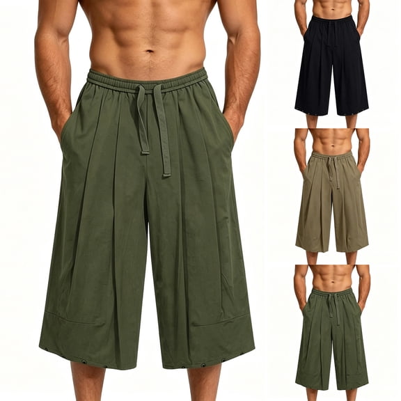 Men's Wide Leg Casual Baggy Japanese Yoga Harem Pants Hip Hop Cropped Pants Loose Fit Size 3XL Army Green