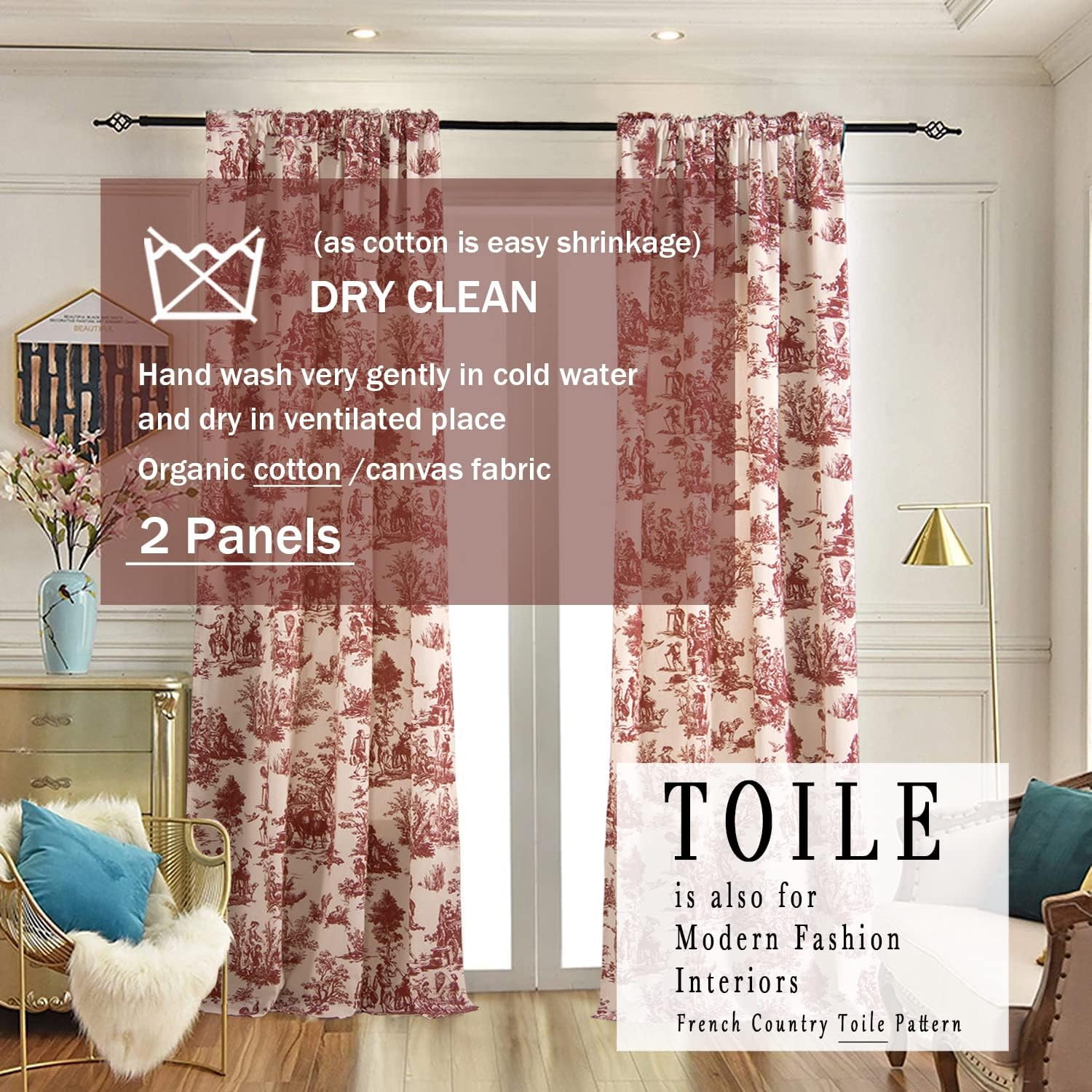 Cream Curtains 63 Inch Length for Bedroom 2 Panels with Farmhouse Red Design Accents Room Decor Paris Toile Farm Cottage Core Wine Maroon Tradtional Flower Sheer Drapes for Living Room 63 Inches Long