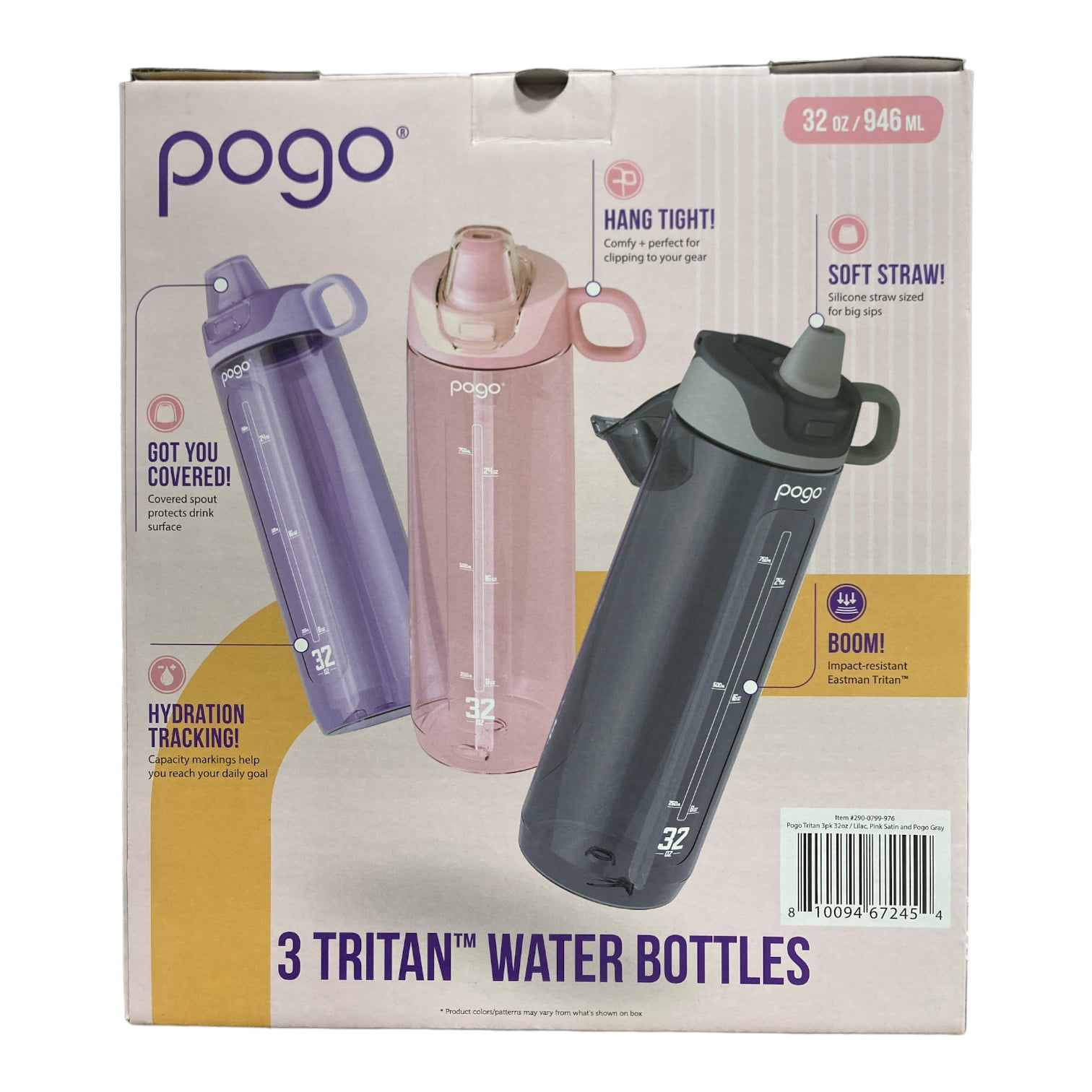 Pogo BPA-Free Tritan Water Bottles with Soft Silicone Straw, 32oz, 3pk (Lilac, Pink Satin, Gray)