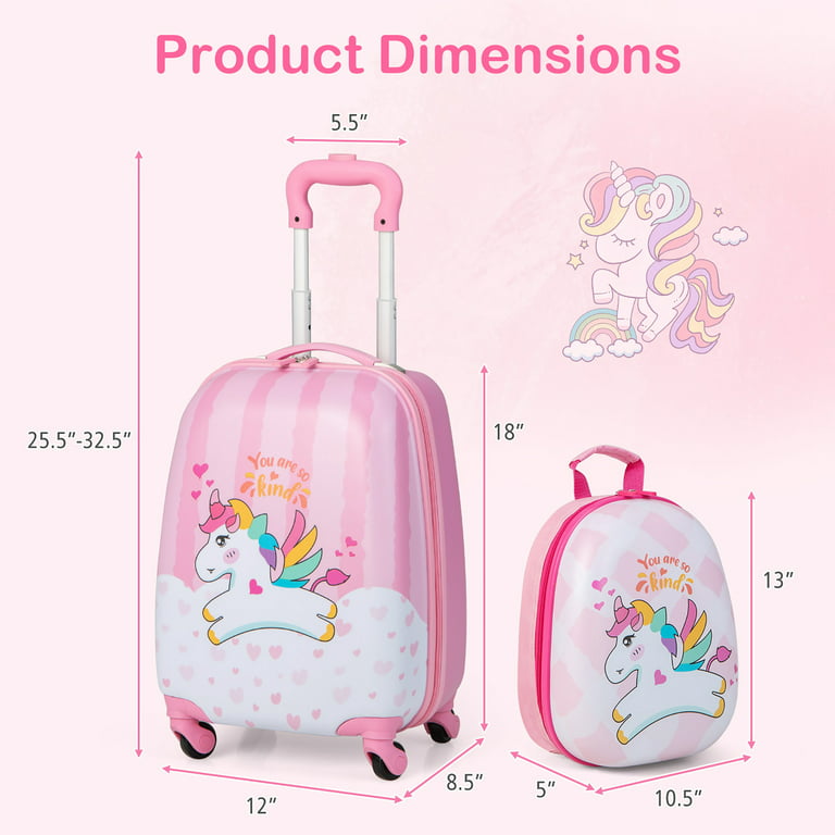 Costway 2PC Kids Luggage Set 12'' Backpack & 16'' Rolling Suitcase Travel  ABS Flamingos
