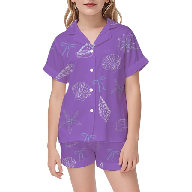 Satin Pajama Set For Girls Featuring Elegant Ocean Bow Print Design Ideal For Daily Relaxation And Cozy Bedtime Wear