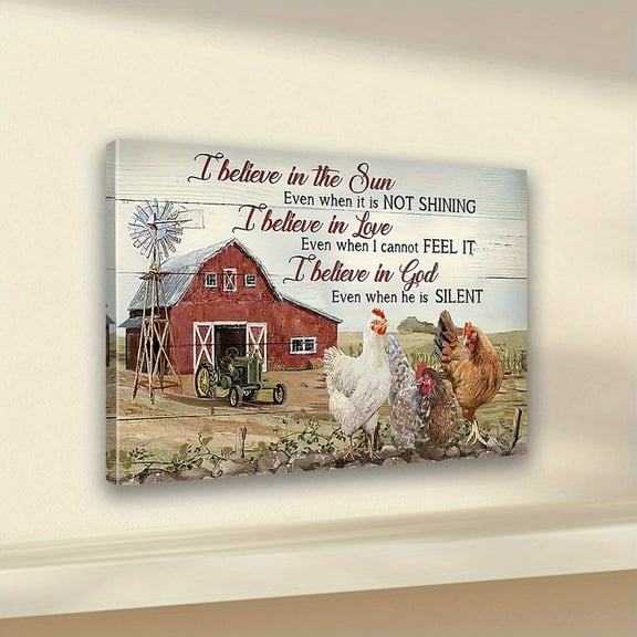Inspirational Farmhouse Canvas Print Poster - Rustic Barnyard Scene with Rooster & Hen, Motivational Quote Wall Art for Home, Bedroom, Kitchen, Living Room, Bathroom, Office - Framed Pine Wood, 1pc,