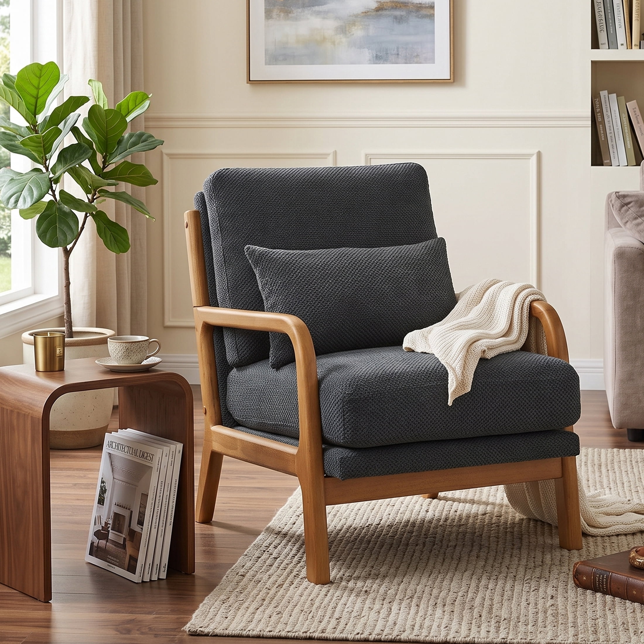 Homy Casa Mid-Century Modern Reading Chair, Upholstered Accent Armchair with Wood Frame, Dark Gray