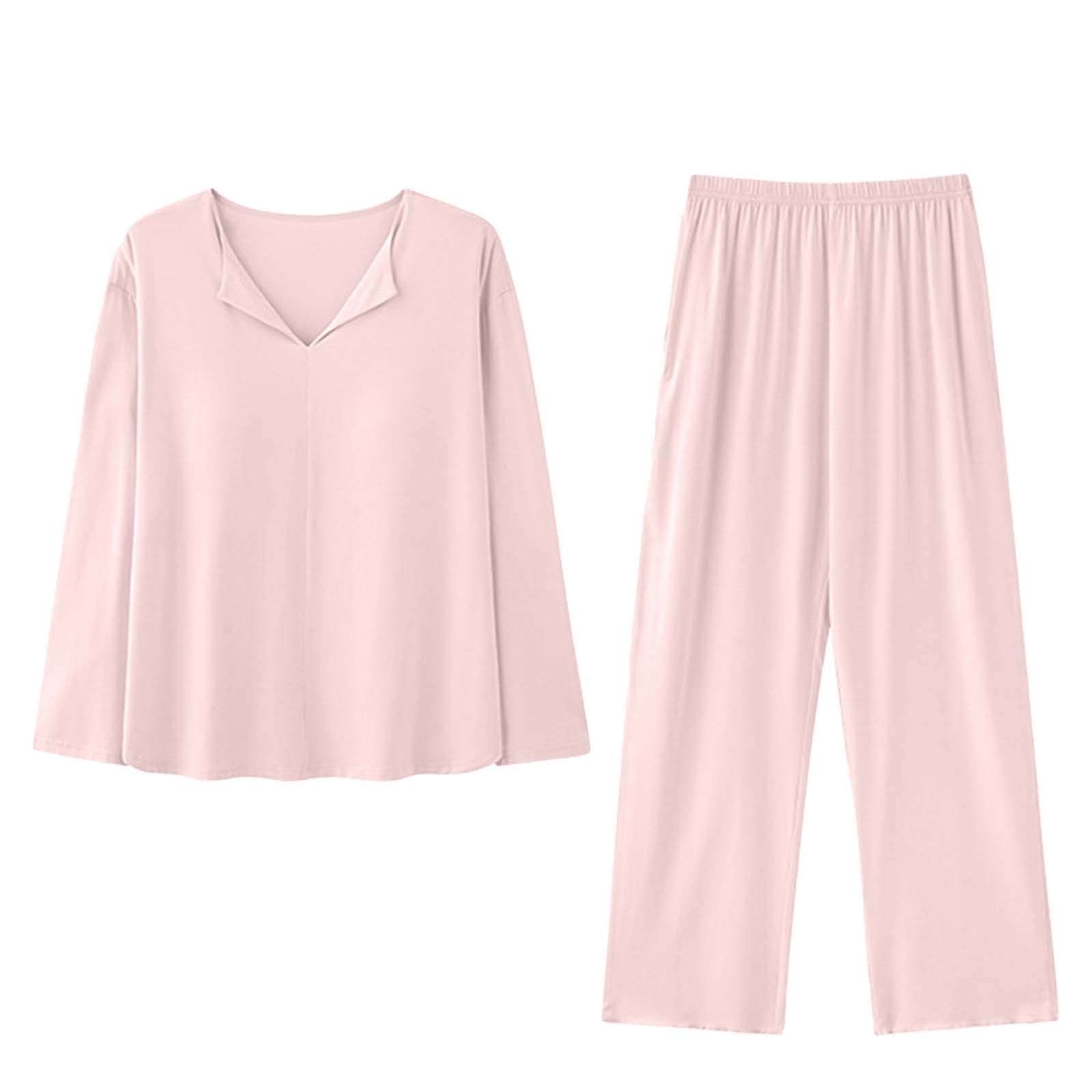 Oalirro Pajamas for Women Set 2 Piece Solid Color Soft Long Sleeve Pjs Pullover Top with Pants Breathable Loungewear Home Pajama Sets