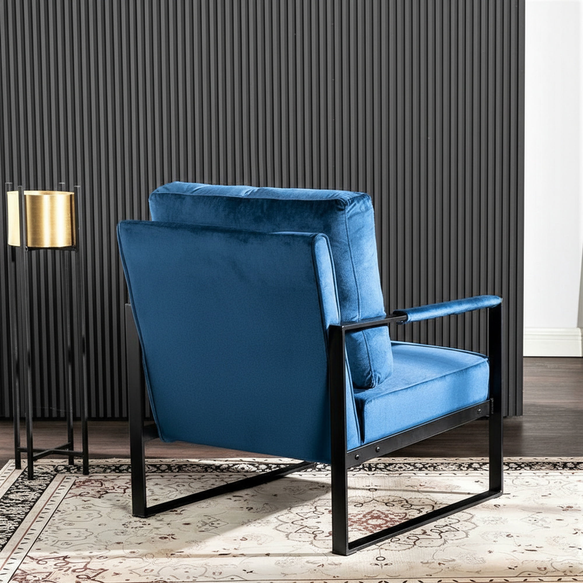 MOONMISS Mid-Century Modern Accent Chair,Black Square Metal Frame with Thick Cushion,Blue Velvet