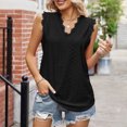 thumbnail image 3 of Top sin mangas con cuello en V para mujer Blusa con ojales de encaje Blusa informal holgada de color puro Negro M, 3 of 6