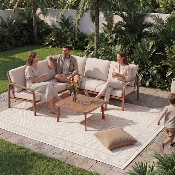 CozyJoy Aluminum Outdoor Corner Sofa Set with Coffee Table – Rattan Backrest Patio Lounge Furniture for Courtyard and Balcony,Beige