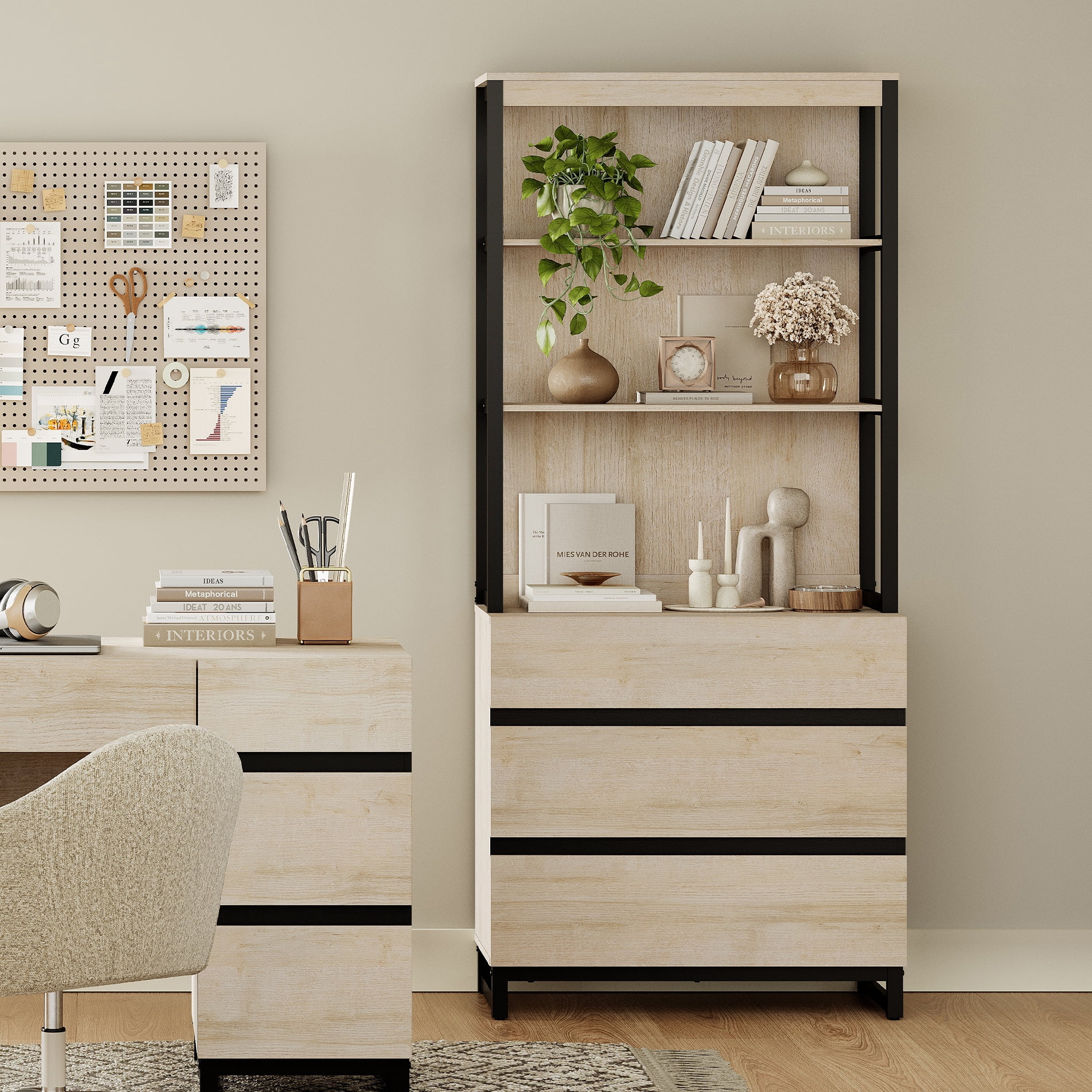 WAMPAT Modern 72" Tall Freestanding Bookcase，3 Drawers & Open Shelves with Storage Cabinet，Wood Library Bookshelf for Home Office & Living Room