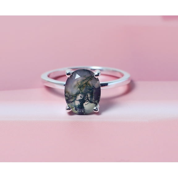 PND JEWELLERY CREATIONS Solitaire Oval Green Moss Agate Ring 925 Sterling, Sterling Silver