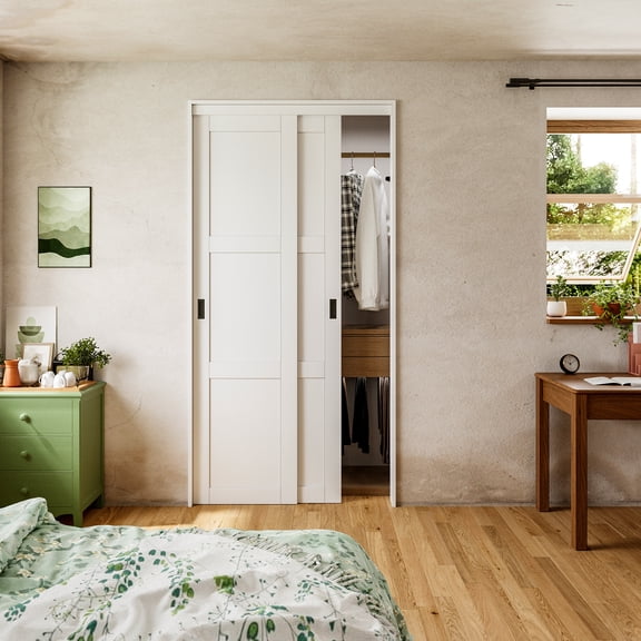 48" x 96" Primed Paneled Pantry Closet Sliding Doors With Hardware & Handles