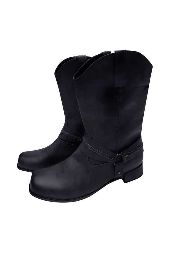 FAMTKT Mens Leather Non-slip Slip-On Round Toe Buckle Low-heeled Shoes Cowboy, Men's Mid-Calf Boots Cowboy Boots, Men Knee High Boots