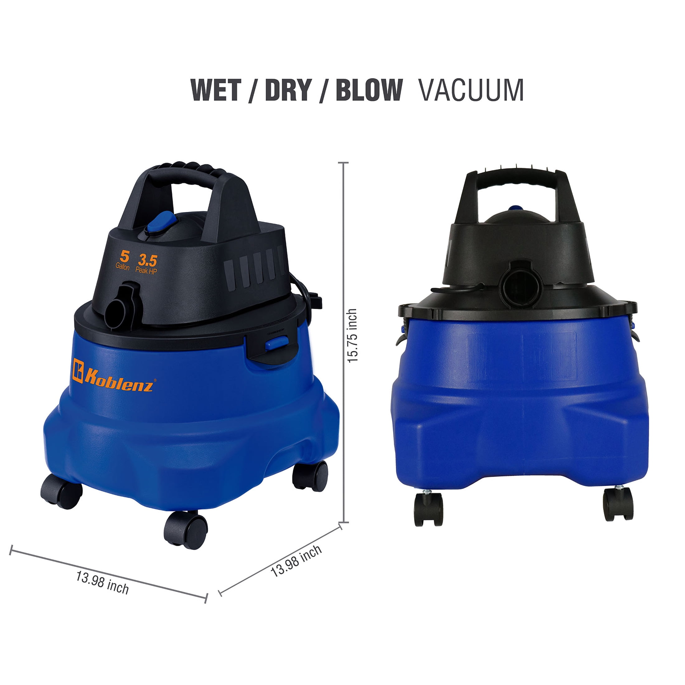 KOBLENZ 5 Gallon Wet/Dry Shop Vacuum with 3.5 Peak HP for Cars, Garage, Home or Workshop (WD 5 L2)
