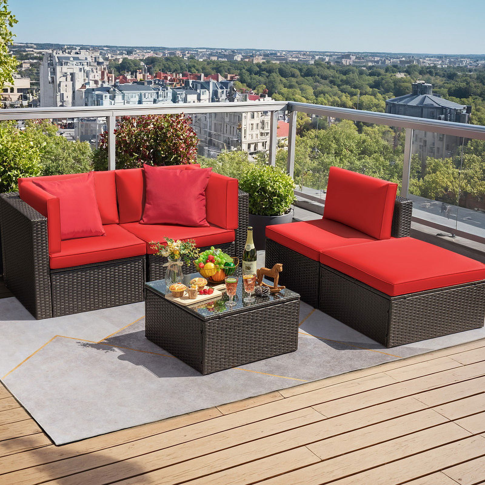 Homall 5 Pieces Outdoor Sectional Sofa with Tea Table, Red