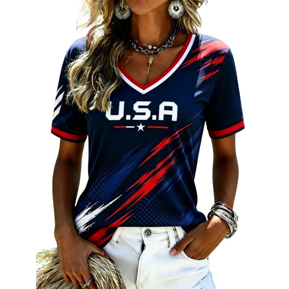 JULMCOMO USA Soccer Jersey for Women 2026 Soccer Cup V Neck Red White Blue Football Fan Shirts Patriotic Graphic Tees Dark Blue XL