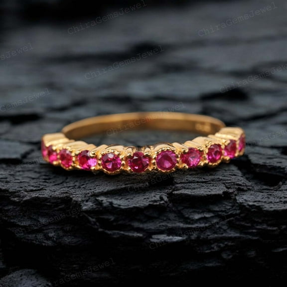 Pink Ruby Wedding Bridal Eternity Band Ruby Birthstone Matching Proposal Band Pink Gemstone Women Fine jewelry Christmas Gift For Mother