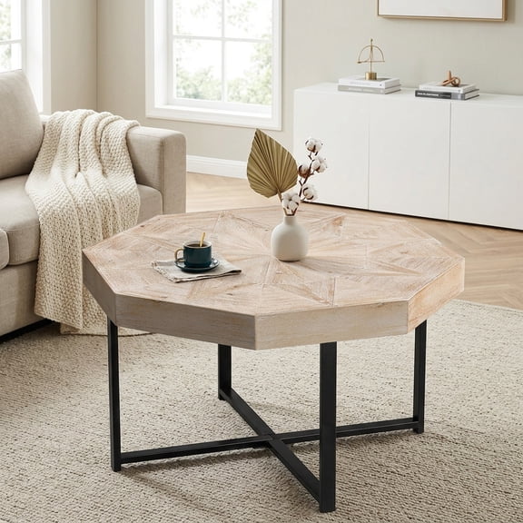 Octagonal Coffee Table with Patchwork Wood Top and Metal Legs - Antique Farmhouse Style