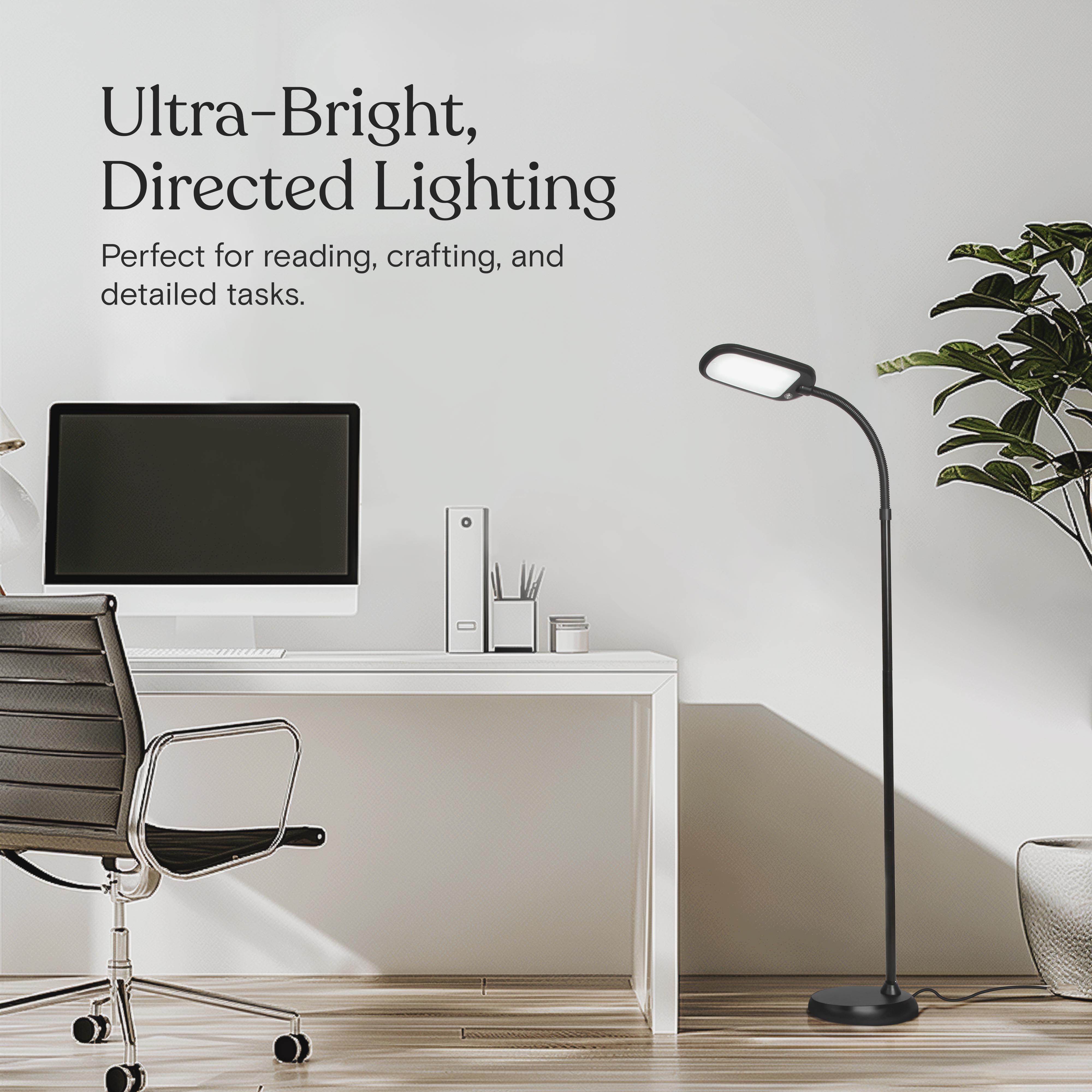 Brightech Litespan Slim - Super Bright LED Lamp for Reading & Crafts - Dimmable Lash Light with 3 Light Colors Incl. Natural Daylight - Adjustable Gooseneck Pole Lamp for Offices - Black
