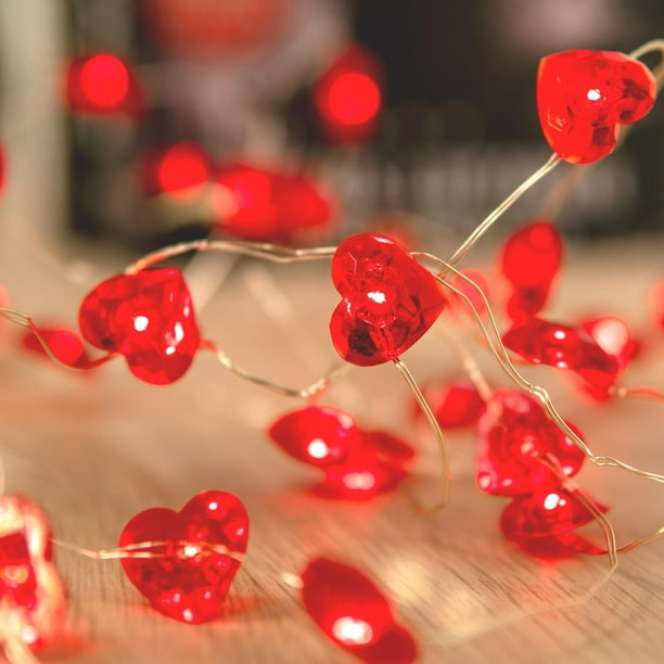 Guirnalda de luces LED para el día de San Valentín, luces LED en forma de corazón rojo que funciona con pilas para recámara, boda, fiesta interior, decoración