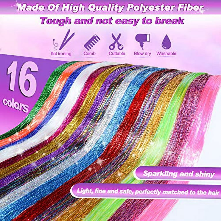 Colorful Fairy Hair Tinsel Kit, 3200 Strands, 36 inch, Synthetic Tinsel Hair Extensions, Human Hair Extensions Kit Y2K Heat Resistant with Glitter