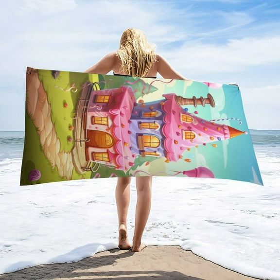 Cartoon Birthday Cake Microfiber Beach Towel Lightweight 63''x32'' Oversized Extra Large Towels Quick Dry for Travel Pool Yoga Gym Sports Accessories Vacation Essential