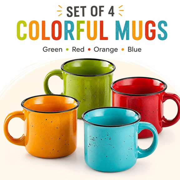 Mugs Set of 4 – 16 oz Colorful Ceramic Coffee Cups with Bold Multicolor Patterns, Microwave & Dishwasher Safe, Boho Kitchen Drinkware for Tea, Cocoa & More