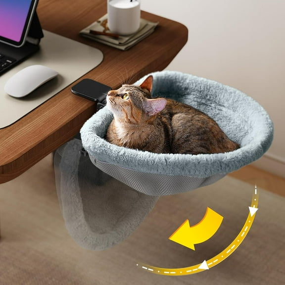 Cat Desk Bed - One-Click Folding,Sunken Design & Space-Saving Semi-Circular Cat Bed, Soft Faux Rabbit Fur Material, Suitable for Various Desktops-Maximum Hold Up to 40lb