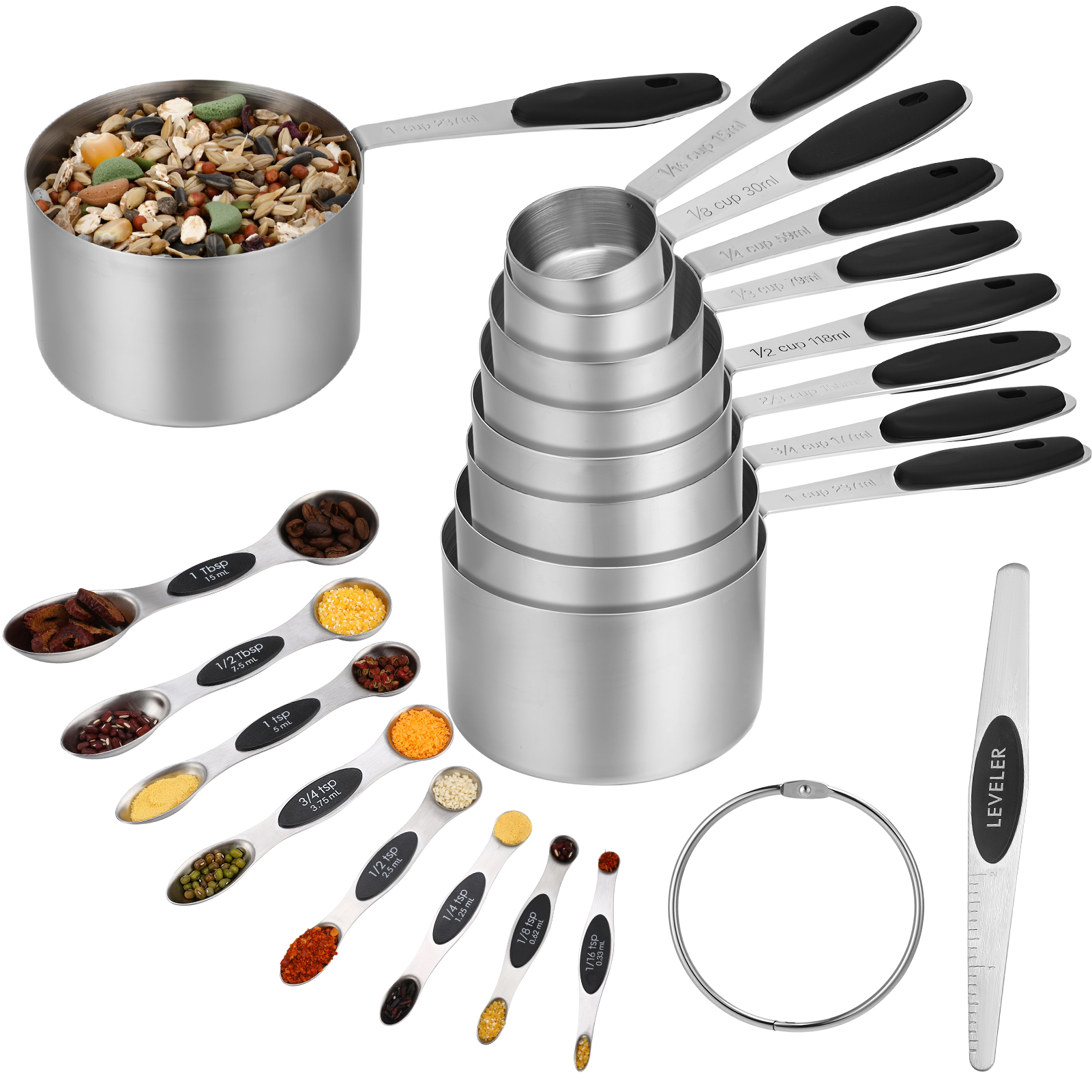 AOWOO 17 Pieces Measuring Cups and Magnetic Measuring Spoons Set Stainless Steel, 8 Measure Cups with Silicone Handle and 8 Double Sided Magnetic Measure Spoons & 1 Leveler