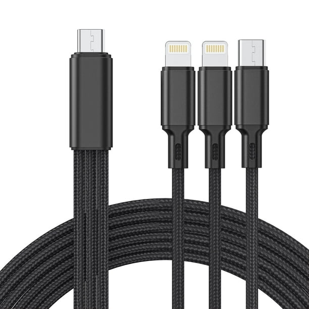 Cshidworld Cable de Carga Múltiple 4 Pies Rápido Charger Nylon Trenzado Universal 3 en 1 Cable de Carga Multifuncional Puerto USB C/Micro USB/iPhone Compatible con Teléfonos Celulares/tabletas/Samsun