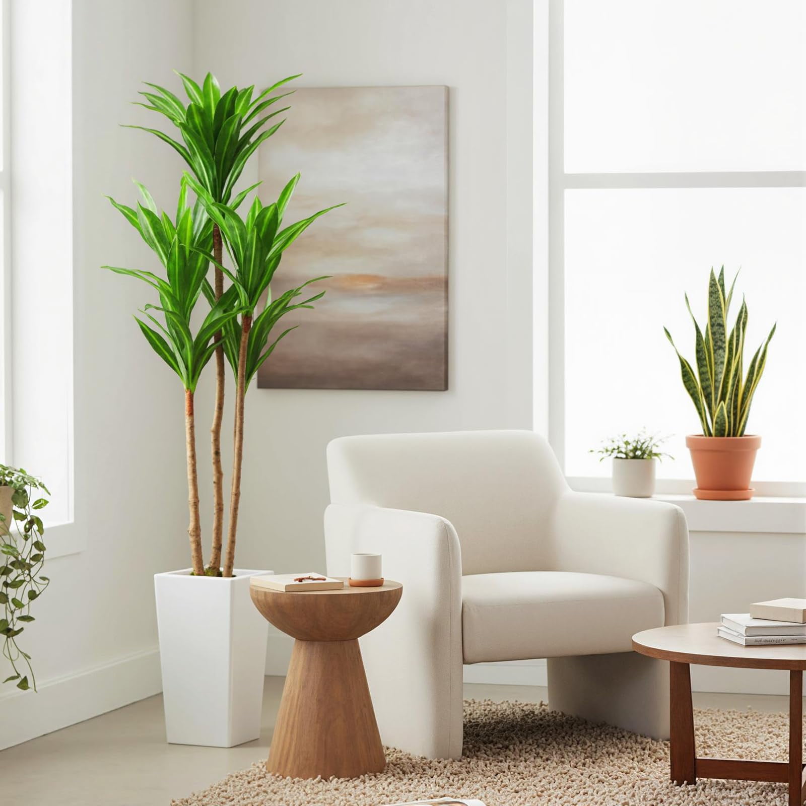 Accreate Faux Banana Tree Artificial Plant, Fake Potted Tropical Evergreen with Tall White Planter for Living Room, Entryway, Porch, or Office
