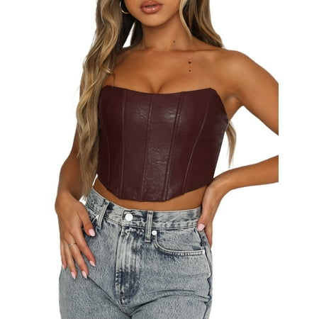 

JBEELATE Women s Solid Color Tube Tops Off Shoulder Ribbed Irregular Hem PU Leather Corset for Women
