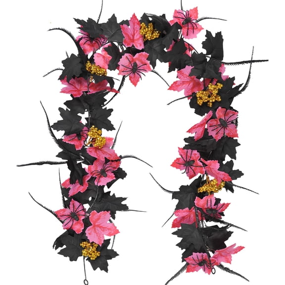 FEISHENTT Halloween Garland Floral Vine With Black Leaves Pink Flowers Creepy Spiders Decoration For Party Home Door
