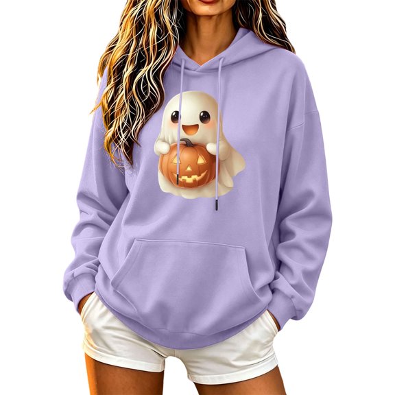 Enjoytime Halloween Ghost Hoodies for Women Long Sleeve Pullover Hoodie Fall Cute Casual Spooky Season Sweatshirt